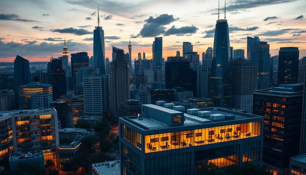 A bustling cityscape at dusk, the skyline dotted with towering high-rises and sleek architectural gems. In the foreground, a cluster of modern, minimalist office buildings, their glass facades reflecting the warm glow of the setting sun. Within these walls, emerging startups hum with activity, their teams of passionate innovators collaborating on cutting-edge technologies. The scene is alive with a sense of energy and possibility, the air charged with the promise of disruptive breakthroughs. A wide-angle, cinematic perspective captures the grandeur of this urban landscape, while subtle depth-of-field blur brings the startups in the foreground into sharp focus, their potential for transformative change palpable.
