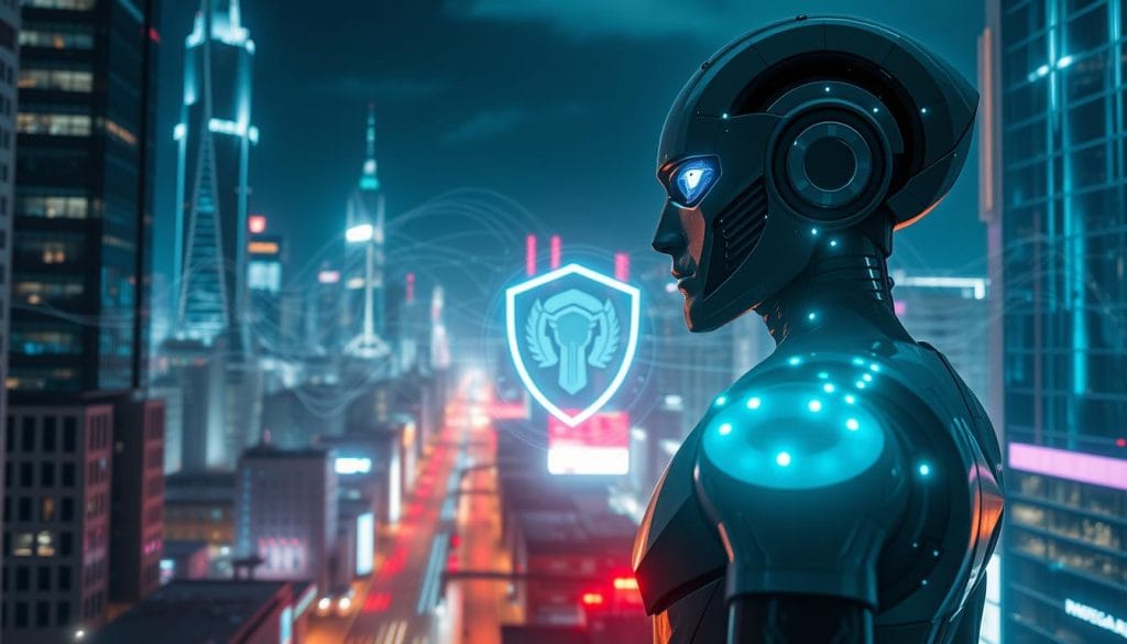 A cyberpunk cityscape at night, with towering skyscrapers and neon-lit streets. In the foreground, a powerful AI agent stands vigilant, its sleek, angular form radiating an aura of digital might. Intricate cybersecurity protocols swirl around it, forming a protective shield against a myriad of digital threats - malware, ransomware, and cyber attacks. The AI's piercing gaze scans the environment, its advanced algorithms constantly adapting to new dangers. In the background, a vast network of interconnected devices and systems hum with activity, the lifeblood of the modern digital world. The scene conveys a sense of technological prowess and unwavering determination in the face of emerging cyber threats.