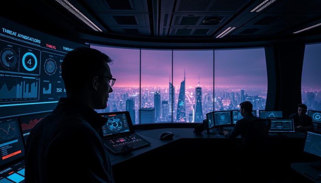 A dark, high-tech control room with holographic displays and futuristic interfaces. In the foreground, an analyst intently monitors multiple threat indicators on a sleek, curved dashboard, their face illuminated by the glow of the screens. The middle ground features a large, panoramic window overlooking a vast, dystopian cityscape shrouded in a neon-tinged haze. In the background, a team of cybersecurity experts collaborate at their stations, their expressions intense as they work to detect and neutralize AI-powered cyber threats. Dramatic lighting casts long shadows, creating an ominous atmosphere of advanced, data-driven vigilance.