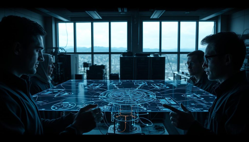 A futuristic research lab, dimly lit with a sense of focus and intensity. In the foreground, a team of engineers intently studying a complex holographic display, brows furrowed as they grapple with the technical challenges of Project Starline. The middle ground reveals a tangle of wires, servers, and specialized equipment, hinting at the technological hurdles they must overcome. In the background, large windows offer a glimpse of the outside world, a reminder of the grand ambitions and societal impact of this revolutionary 3D video calling system. Diffused lighting casts dramatic shadows, creating an atmosphere of innovation under pressure.