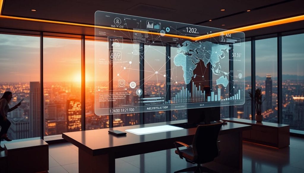 A modern executive office, bathed in warm, focused lighting, projecting an aura of strategic authority. In the foreground, a sleek, minimalist desk with a state-of-the-art computer and a holographic display, showcasing advanced data visualizations and AI-powered insights. Hovering above the desk, a translucent digital interface displays intricate decision-making algorithms, networks of interconnected data streams, and predictive analytical models. In the background, a large, panoramic window offers a sweeping view of a bustling urban skyline, symbolizing the executive's far-reaching influence and the global scope of their AI-driven strategic advantage.