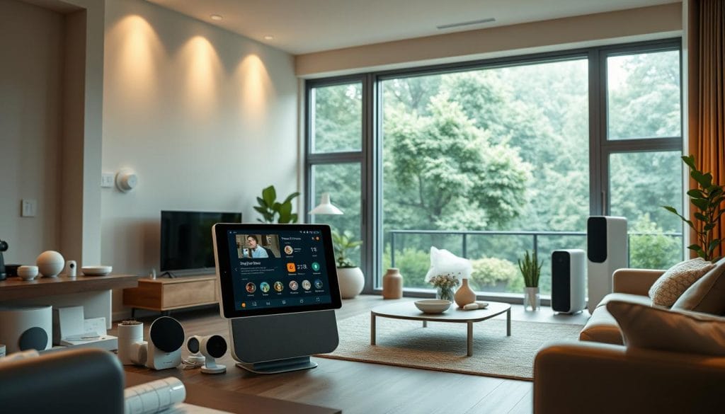 A panoramic view of the Google Nest ecosystem, showcased in a modern, minimalist home interior. In the foreground, a Google Nest Hub Max display stands prominently, its screen displaying helpful information and smart home controls. Surrounding it, various Google Nest devices such as thermostats, cameras, and speakers are seamlessly integrated into the room's decor, creating a cohesive and technologically advanced living space. Warm, diffused lighting from hidden sources casts a cozy glow, while large windows in the background provide a glimpse of a lush, verdant outdoor scene. The overall atmosphere conveys the seamless fusion of technology and elegant design, reflecting Google's AI-first hardware strategy.