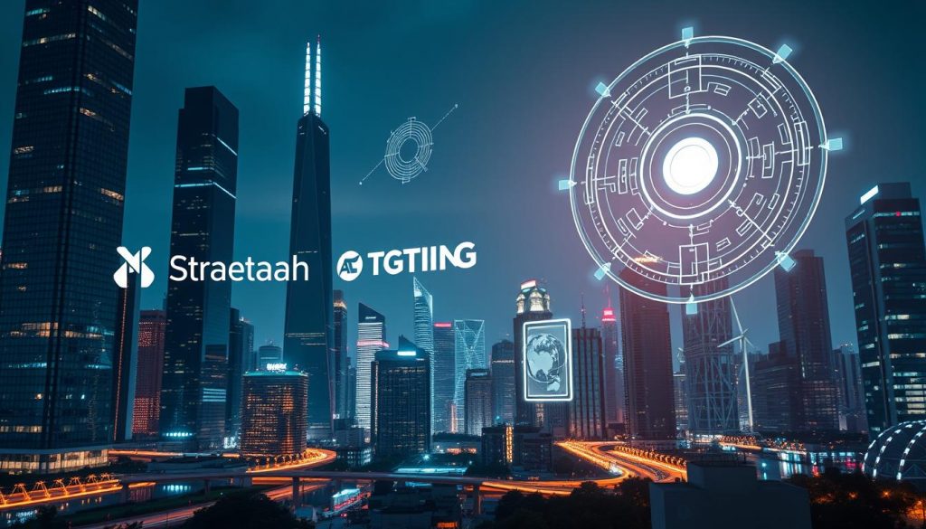 A sleek, modern cityscape at night, with towering skyscrapers and a vibrant, neon-lit skyline. In the foreground, a group of cutting-edge AI smart grid companies are showcased, represented by their logos and holographic displays. Intricate data visualizations and energy flow diagrams float in the air, highlighting the sophisticated technology powering the smart grid infrastructure. The scene is bathed in a cool, futuristic color palette, with a sense of dynamism and progress. The lighting is dramatic, casting long shadows and highlighting the angular, high-tech aesthetic of the buildings and interfaces. The overall atmosphere conveys the transformative potential of AI-driven smart grid technology, revolutionizing the future of energy efficiency.