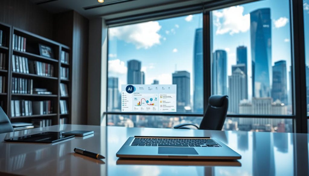 A sleek, modern office setting with a large window overlooking a vibrant city skyline. In the foreground, a desk with a state-of-the-art laptop and various peripherals, including a Microsoft Surface Pen. Prominently displayed on the laptop screen is the Microsoft Copilot AI interface, its intuitive dashboard and intelligent prompts visible. The lighting is soft and natural, reflecting off the polished surfaces. In the middle ground, a stylish ergonomic chair and a bookshelf filled with technical manuals and industry publications. The background features the towering skyscrapers of a bustling metropolis, hinting at the scale and ambition of Microsoft's AI initiatives. An atmosphere of innovation, productivity, and the future of computing pervades the scene.