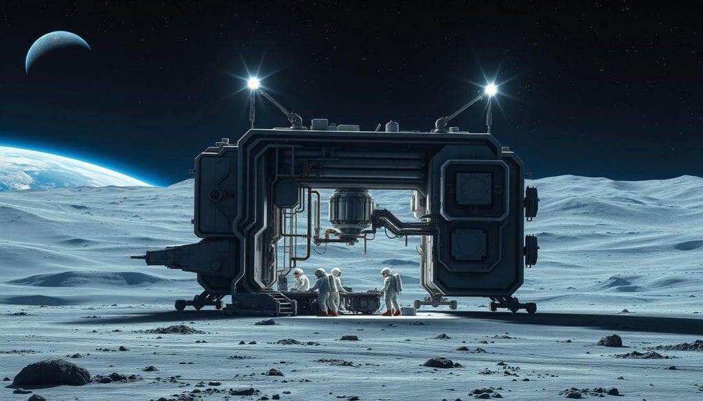 A vast expanse of the cosmos, with the Earth's serene blue hue in the distance. In the foreground, a sci-fi-inspired manufacturing facility hovers above the desolate surface of the moon, its sleek, modular design a testament to the ingenuity of space engineering. Mechanical arms and robotic systems work tirelessly, assembling complex components under the watchful gaze of a team of astronaut technicians. The harsh glare of overhead spotlights illuminates the scene, casting dramatic shadows and highlighting the intricate machinery. In the background, a field of stars twinkles, a constant reminder of the challenges and isolation faced by those who dare to push the boundaries of human endeavor beyond the confines of our planet.