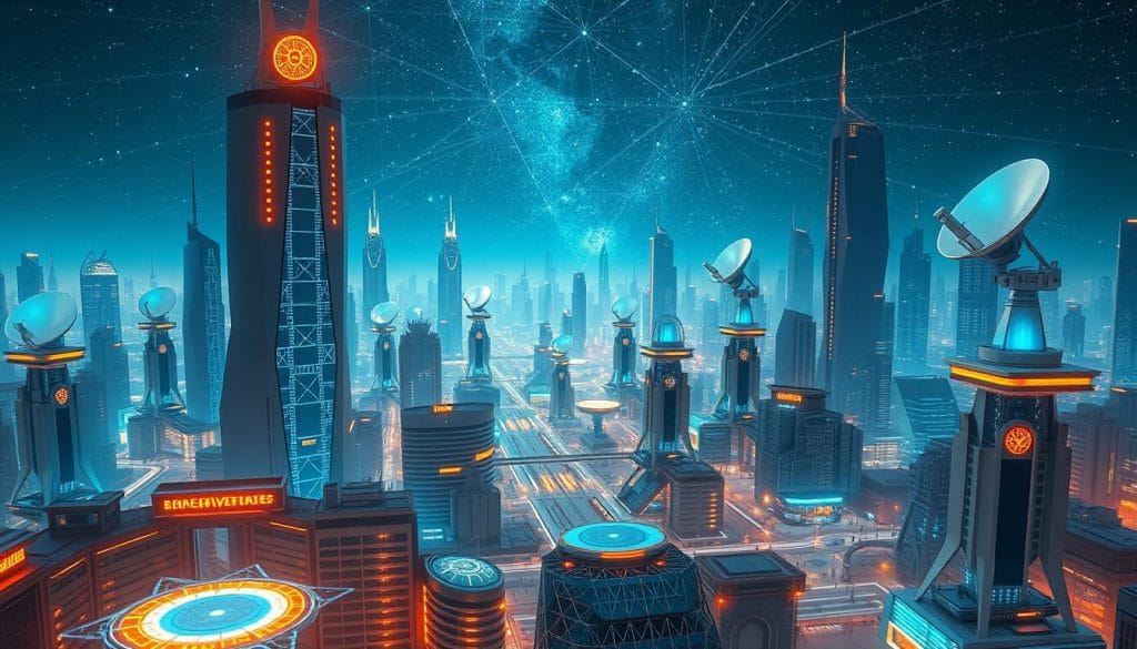 A vast futuristic cityscape with towering skyscrapers and glowing satellite dishes, illuminated by a warm, electric-blue hue. Sleek, angular structures are interwoven with intricate networks of cables and data streams, creating a visually captivating "Connectivity Revolution". In the foreground, holographic displays and augmented reality interfaces showcase the advanced technological integration. The middle ground features a bustling hub of autonomous vehicles, drones, and people interacting with seamless connectivity. The background is filled with a majestic, starry night sky, hinting at the global reach and interconnectivity of the satellite mega-constellations. Cinematic lighting, high-resolution details, and a sense of awe and wonder pervade the entire scene.