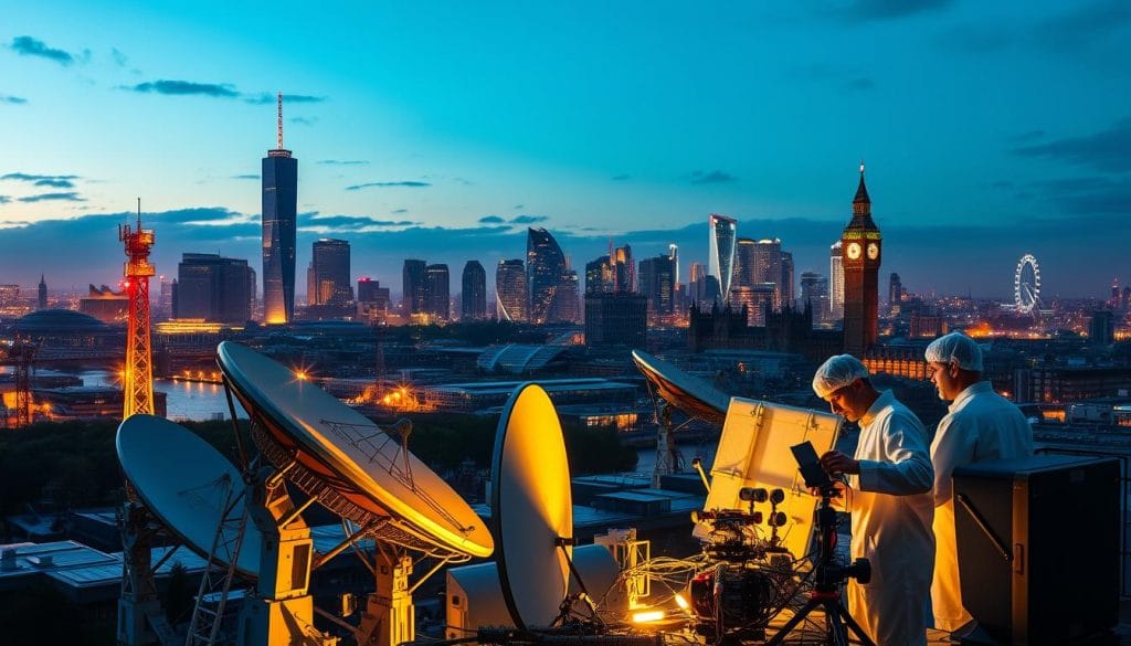 A vibrant cityscape with the iconic London skyline in the background, showcasing the thriving UK space industry. In the foreground, a cluster of cutting-edge satellite dishes and communication towers, bathed in a warm, futuristic glow. In the middle ground, engineers in clean-room attire work on assembling advanced satellite components, their expressions focused and determined. The scene is illuminated by a series of spotlights, casting dramatic shadows and highlighting the technical complexity of the space industry. The overall atmosphere conveys a sense of innovation, progress, and the UK's leading role in the global satellite connectivity revolution.