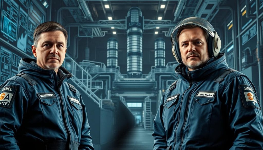 space manufacturing leaders, standing confidently before a backdrop of advanced space factories, technical diagrams, and orbital infrastructure. Dignified poses, determined expressions, wearing cutting-edge protective suits and gear. Soft, directional lighting illuminates their faces, creating an atmosphere of authority and vision. Angles and composition emphasize their leadership roles, with a sense of scale provided by the expansive technological environment. Convey a mood of ambition, innovation, and humanity's expansion into the final frontier.