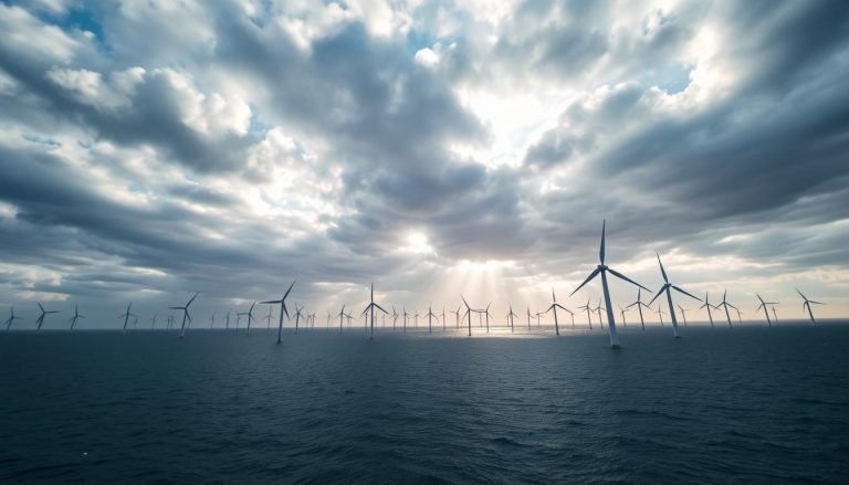 Offshore wind farm in Scotland with turbines generating green energy against a dramatic sky