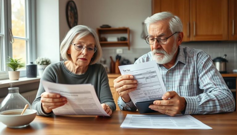 Senior couple reviewing tax documents with concerned expressions, highlighting the impact of income tax on UK pensioners