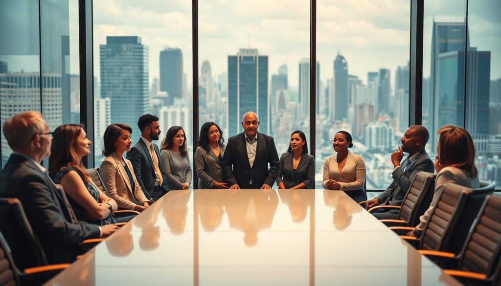 A boardroom with a large glass window overlooking a bustling city skyline. In the foreground, a group of diverse executives engaged in a lively discussion, their expressions reflecting deep thought and purposeful collaboration. The middle ground features a sleek, minimalist table surrounded by ergonomic chairs, symbolizing the intersection of governance and change management. Warm, natural lighting filters through the window, creating a sense of clarity and forward momentum. The background showcases the ever-evolving cityscape, a metaphor for the dynamic, evolving nature of sustainable practices. The atmosphere conveys a balance of authority, adaptability, and a shared commitment to long-term progress.