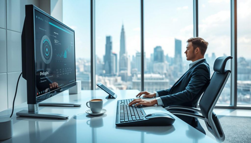 A brightly lit, futuristic office scene with a clean, minimalist aesthetic. In the foreground, a sleek, ergonomic desk with a high-resolution monitor, wireless keyboard and mouse, and a stylish desktop organizer. Atop the desk, a cup of coffee steams gently and a smartphone rests, its screen displaying productivity-tracking analytics. In the middle ground, a smartly-dressed person sits at the desk, intently focused on their work, their fingers dancing across the keyboard. The lighting is cool and bright, casting a crisp, efficient mood. In the background, floor-to-ceiling windows offer a panoramic view of a bustling, high-tech city skyline.