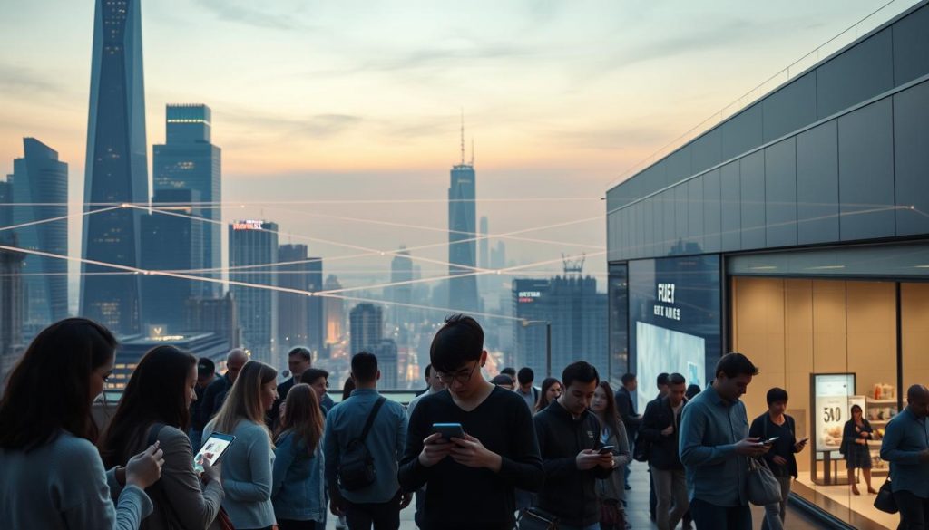 A bustling city skyline at dusk, with towering skyscrapers and a network of glowing digital pathways connecting them. In the foreground, a group of diverse customers interacting with their smartphones and tablets, seamlessly navigating an omnichannel retail experience. Soft, warm lighting illuminates the scene, creating a sense of modern, futuristic progress. The middle ground features sleek, minimalist retail storefronts, their digital displays showcasing the latest products and offers. In the background, a hazy, reflective cityscape stretches out, hinting at the scale and interconnectivity of the omnichannel ecosystem. The overall atmosphere conveys a sense of efficiency, convenience, and the blending of physical and digital realms in contemporary retail.