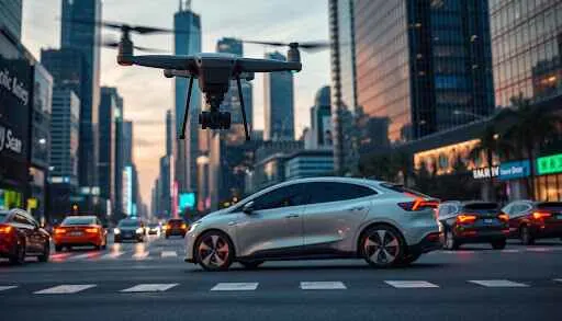 A car drives down a city street while a drone hovers above, capturing the urban scene from above.