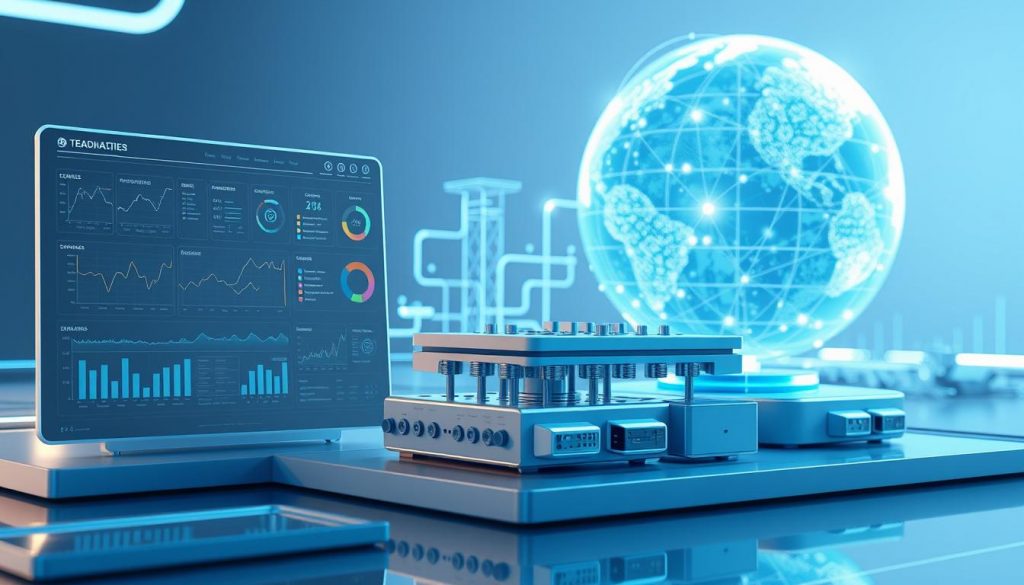 A complex 3D rendering of a futuristic enterprise software solution, featuring a sleek and modern interface with clean lines and minimalist design. The foreground showcases a dynamic dashboard displaying real-time analytics, performance metrics, and system health status. The middle ground reveals a modular architecture with interconnected components, suggesting scalability and flexibility. In the background, a holographic globe projects global network connectivity, highlighting the solution's reach and integration capabilities. Soft blue and white lighting creates a sense of technological sophistication, while subtle reflections on the glossy surfaces convey a sense of precision and reliability. The overall composition evokes a powerful and versatile enterprise-grade solution.