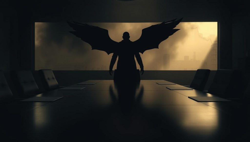 A darkened boardroom table, its edges illuminated by a dramatic side-lighting, casting long shadows across the polished surface. Hovering above, a shadowy figure representing the ever-present threat of policy risk - a faceless silhouette, ominous and imposing, casting an uneasy pall over the proceedings. In the background, a hazy, indistinct landscape of shifting economic indicators and regulatory uncertainty, rendered in muted, unsettling tones. The overall atmosphere conveys a sense of tension, challenge and the need to navigate the unpredictable forces that can impact productivity and growth.