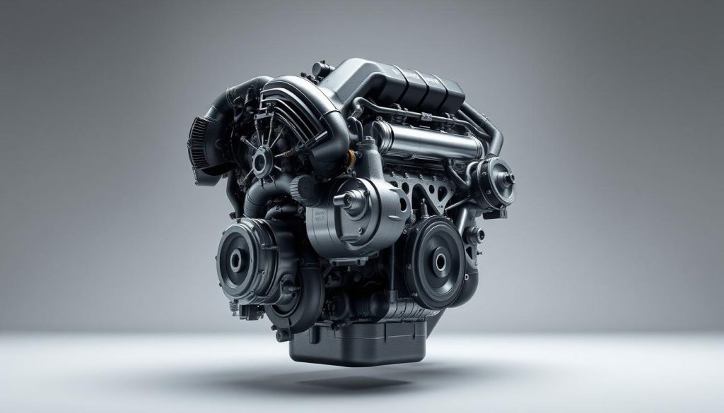 A detailed, high-resolution rendering of a sleek, powerful b48 turbocharged 2.0‑liter engine, featured against a clean, technical backdrop. The engine is presented in a well-lit studio setting, showcasing its intricate design and advanced engineering. The lighting accentuates the engine's metallic components, casting dramatic shadows that highlight its mechanical complexity. The camera angle provides a dynamic, three-quarter view, allowing the viewer to appreciate the engine's form and function. The overall tone is one of precision, innovation, and the seamless integration of cutting-edge automotive technology.