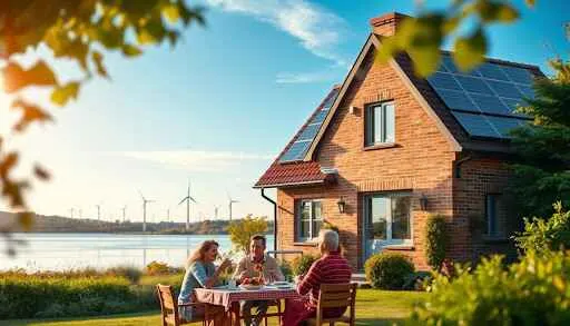 A family enjoys a meal at an outdoor table in front of their home, featuring solar panels on the roof.