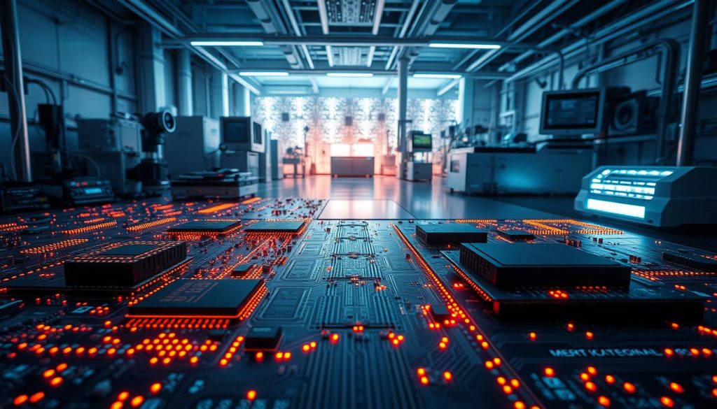 A futuristic laboratory filled with cutting-edge optoelectronic devices. In the foreground, intricate circuit boards and microchips glow with vibrant LED lights, their intricate patterns casting dynamic shadows. In the middle ground, sleek optical sensors and waveguides transmit data through beams of light. The background features an array of specialized equipment, including lasers, spectrometers, and optical testing rigs, all bathed in a cool, azure glow. The scene conveys a sense of innovation, precision, and the seamless integration of photonics and electronics, essential for the development of advanced AI chips and other cutting-edge technologies.
