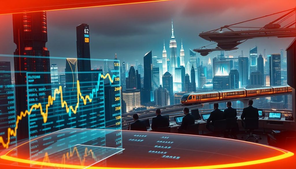 A futuristic landscape of financial centers, where towering skyscrapers and dazzling holograms reflect the intricate web of global markets. In the foreground, a holographic display showcases graphs and charts, data streams flowing with the rhythm of a concerto. The midground features a boardroom of policymakers, their faces illuminated by the glow of screens as they deliberate the next strategic move. In the background, a cityscape of gleaming spires and levitating transit systems, a testament to the technological advancements driving the future of finance. The scene is bathed in a warm, amber light, creating a sense of contemplation and strategic foresight. A compelling vision of the evolving landscape of economic policy and its impact on the world.