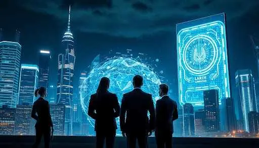 A group of business people poses in front of a vibrant, futuristic city skyline, highlighting advanced urban design.