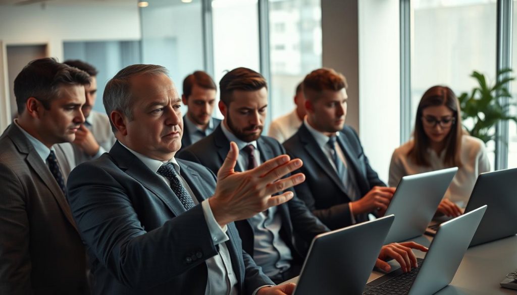 A group of investors gathered in a modern office setting, focused intently on analyzing financial data displayed on their laptop screens. The scene is bathed in warm, directional lighting, casting subtle shadows and highlighting the serious expressions on their faces. In the foreground, a well-dressed businessman gestures emphatically, conveying the gravity of the situation. The middle ground features a mix of suit-clad professionals, some leaning in to discuss the information before them, while others type furiously on their keyboards. In the background, the sleek, minimalist decor of the office space creates a sense of professionalism and high-stakes decision-making. The overall atmosphere is one of intense concentration and deliberation, reflecting the weight of the decisions these investors must make.