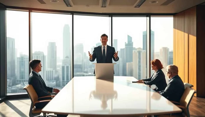 A man in a suit presents to his colleagues in a conference room, engaging them with his presentation.