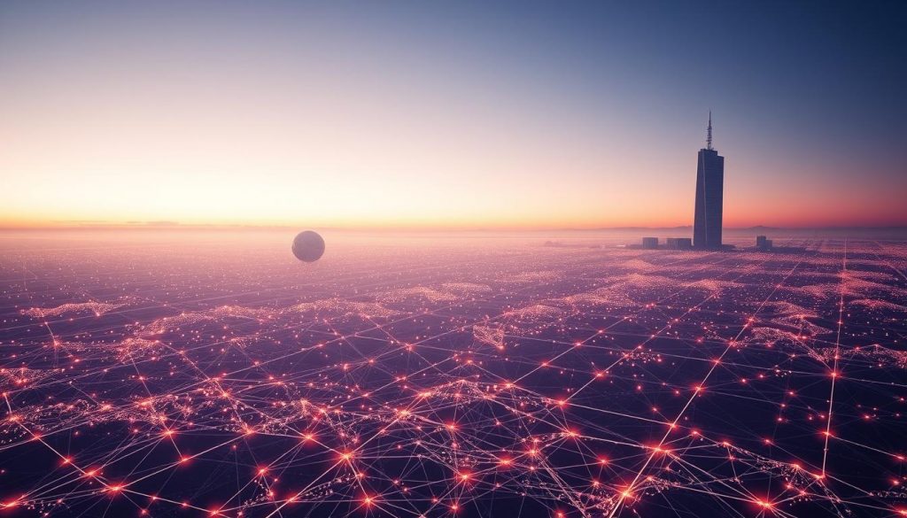 A meticulously detailed data visualization spread across a vast, luminous landscape. In the foreground, a tangled web of interconnected nodes and lines, pulsing with the rhythms of information. The middle ground features abstract geometric forms, their surfaces shimmering with a subtle iridescence, suggesting the complex infrastructure that underlies the data. In the distance, a towering data center, its sleek, angular silhouette cutting a dramatic figure against a softly lit, twilight sky. The overall mood is one of wonder and contemplation, inviting the viewer to ponder the role of data in shaping our world.