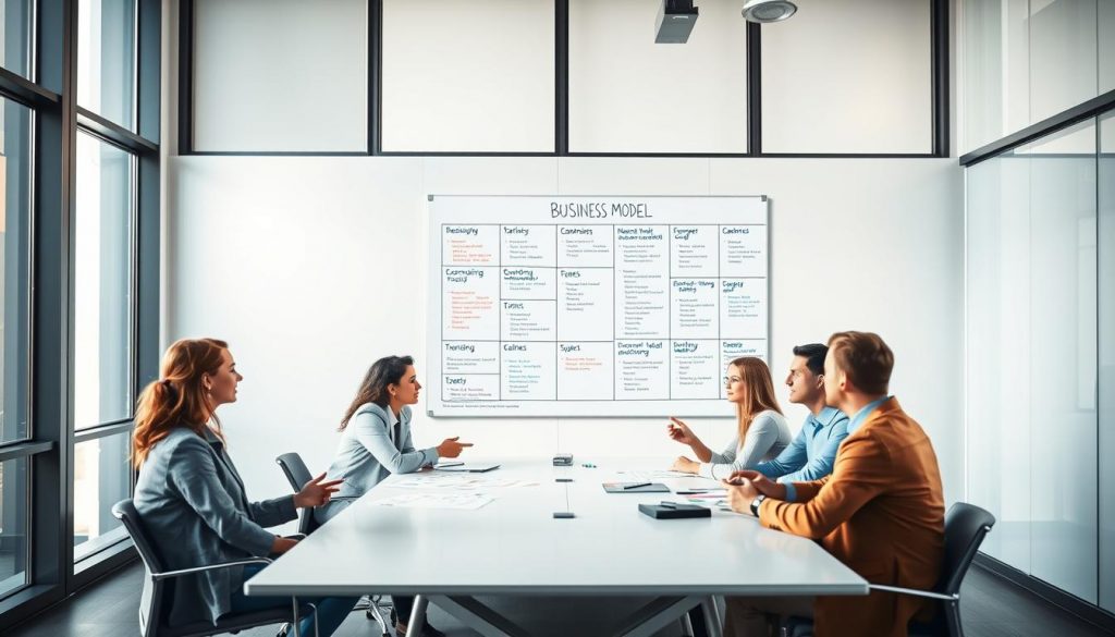 A modern, clean-lined office setting with a large whiteboard on the wall. On the whiteboard, a detailed Business Model Canvas is sketched out in colorful markers, with various sections and elements labeled. In the foreground, a group of business professionals in casual attire are gathered around a sleek conference table, engaged in an animated discussion, gesturing towards the whiteboard. Soft, natural lighting filters in through large windows, casting a warm glow over the scene. The atmosphere is one of collaborative problem-solving and strategic reworking of the business model.