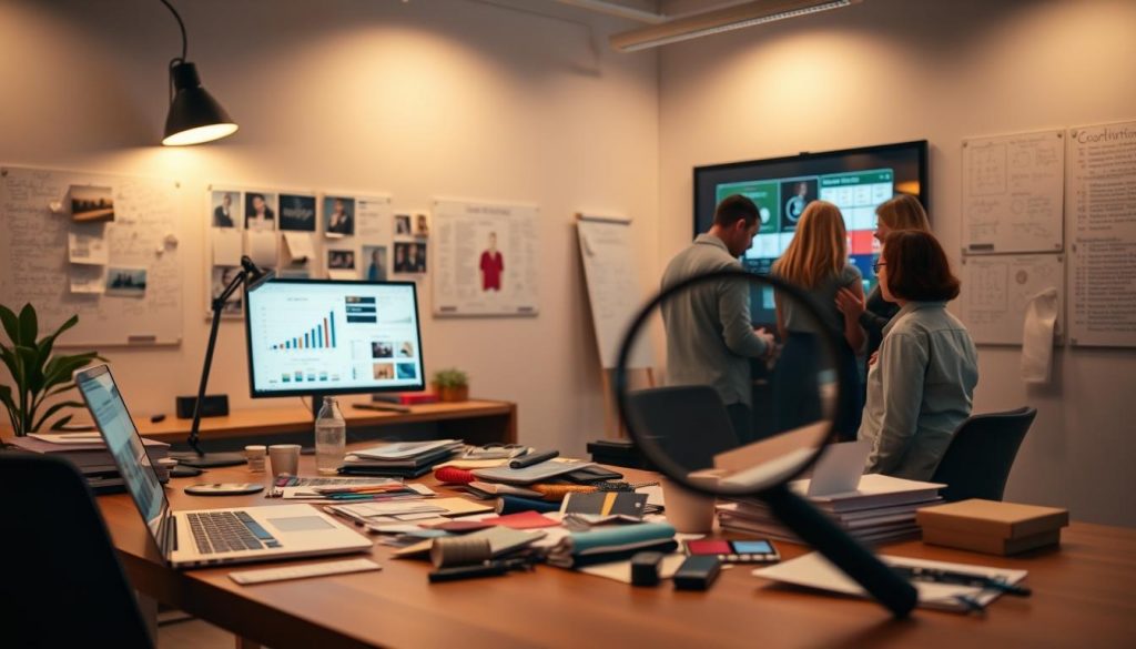 A modernist office workspace, bathed in warm, diffused lighting that casts a cozy glow. On the desk, a sleek laptop displays charts and graphs, while a magnifying glass hovers over an array of physical samples - fabrics, colors, product mockups. The walls are adorned with whiteboards filled with scribbled notes and trend forecasting data. In the corner, a team huddled around a large touchscreen, analyzing patterns and insights. The atmosphere is one of focused, collaborative exploration, as this micro-trend tracking team works to uncover the next big thing.