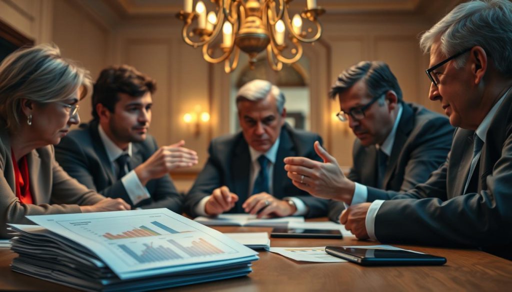 A political balancing act between the EU Green Deal and industrial policy. A scene of policymakers gathered around a table, deep in discussion, their faces illuminated by the warm glow of a chandelier overhead. In the foreground, a stack of documents and a tablet display graphs and charts, symbolizing the complex data and analysis informing their decisions. The middle ground features gesturing hands and furrowed brows, capturing the tension and negotiation at play. The background is softly blurred, hinting at the broader economic and environmental factors shaping this delicate policy landscape. The mood is one of serious deliberation, with a touch of dramatic lighting to convey the high stakes involved.