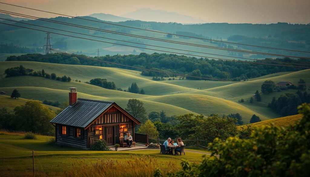 A serene countryside setting, rolling hills dotted with lush greenery. In the foreground, a cozy cottage nestled amongst the trees, its warm glow and weathered charm inviting. At the center, a family gathers around a table, laptops and tablets illuminating their faces, engaged in digital activities. Overhead, a subtle network of power lines and cellular towers seamlessly blend into the landscape, providing the reliable broadband connection that enables their connected lifestyle. The scene is bathed in soft, golden light, conveying a sense of comfort and tranquility, a testament to the transformative power of accessible, high-quality internet in rural communities.