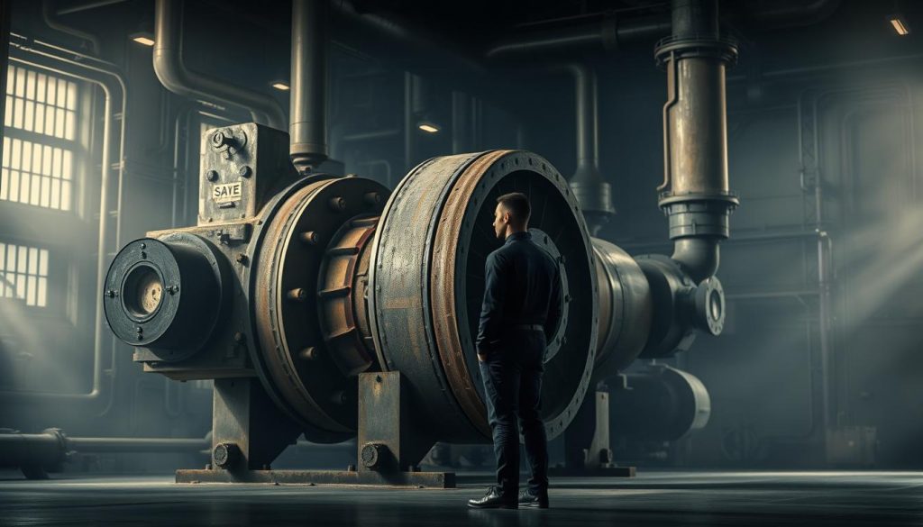 A serene, dimly-lit industrial interior, with a central focus on a large, weathered industrial turbine or generator. In the foreground, a solitary figure stands contemplatively, hand on the machine, as if considering its potential to "save" or provide energy. The background is hazy, with hints of pipes, valves, and other machinery, suggesting a power plant or factory setting. The lighting is dramatic, with deep shadows and highlights that accentuate the textures and forms of the equipment. The overall mood is one of quiet contemplation, hinting at the complex economic and political forces that shape the energy landscape.