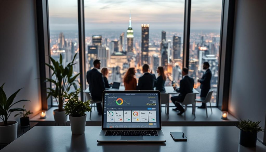 A serene office setting with a large window overlooking a bustling cityscape. In the foreground, a sleek, modern desk showcases a laptop displaying a dashboard with ESG metrics and Scope 3 data. Surrounding the desk are potted plants and minimalist decor, creating a calming, sustainable atmosphere. The lighting is soft and natural, illuminating the scene with a warm, inviting glow. In the middle ground, a team of professionals engages in a collaborative meeting, discussing strategies to embed ESG and tackle Scope 3 emissions to enhance supply chain resilience. The background features a vibrant, bustling city skyline, symbolizing the global interconnectedness of modern business.