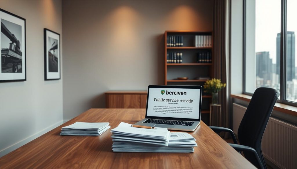 A serene, professional-looking office interior with a wooden desk and modern ergonomic chair. On the desk, a stack of neatly organized documents and a laptop displaying a public service remedy statement. The room is bathed in warm, diffused lighting, creating a calming atmosphere. The walls feature minimalist artwork and shelves holding legal books, conveying a sense of authority and expertise. A large window overlooking a bustling city skyline provides a contextual backdrop, suggesting the significance and impact of the public service remedy. The composition emphasizes order, diligence, and the gravity of the subject matter.
