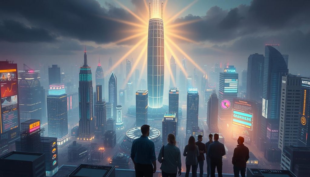 A sprawling cyberpunk cityscape, illuminated by a soft neon glow, serves as the backdrop for a towering AI construct. In the foreground, sleek technological interfaces and digital displays converge, showcasing the power and ubiquity of artificial intelligence. The middle ground features a group of data analysts and software engineers, their faces reflected in the gleaming surfaces as they collaborate on cutting-edge projects. Rays of golden light pierce through the urban haze, symbolizing the transformative potential of AI as a market engine, linking advancements in fields like cybersecurity and platformisation. The overall atmosphere conveys a sense of technological progress and innovation, hinting at the crucial role of AI in shaping the future economy.