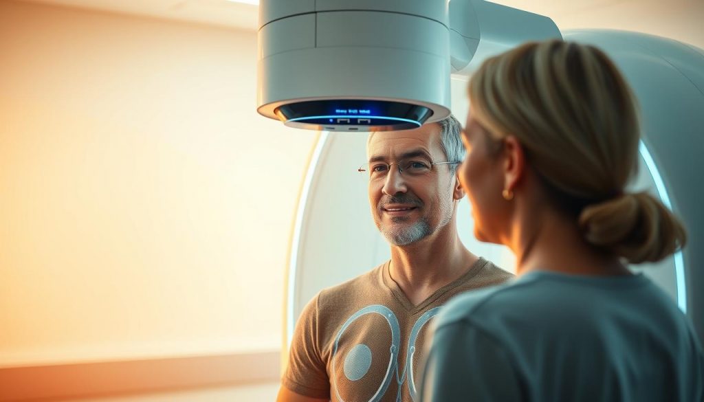 A state-of-the-art medical imaging device examines a patient's body, utilizing advanced AI algorithms to detect early signs of disease. The crisp, high-resolution image captures the device's sleek, modern design, with a clean, well-lit examination room in the background. The patient's expression conveys a sense of reassurance, as the AI-powered diagnostics provide an efficient and accurate assessment. Warm, natural lighting illuminates the scene, creating a calm and professional atmosphere. The composition emphasizes the harmony between advanced technology and personalized healthcare, showcasing the promise of AI in early disease detection.