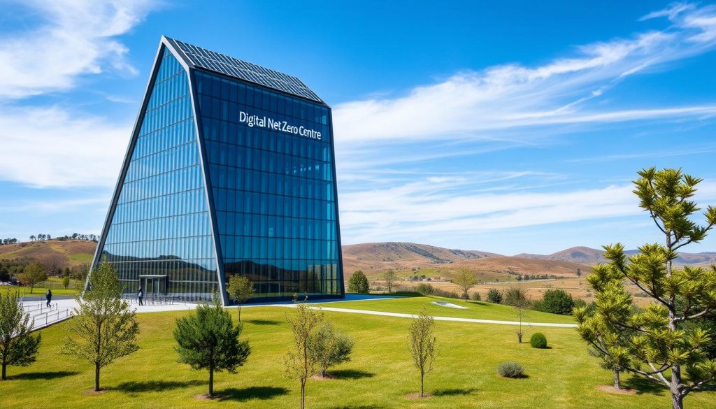 A striking, modern glass and steel building set against a backdrop of rolling hills and a vibrant blue sky. The "Digital Net Zero Centre" stands tall, its sleek, angular design reflecting the latest advancements in sustainable architecture. Solar panels cover the rooftop, harnessing the power of the sun. In the foreground, a lush, carefully manicured landscape with strategically placed trees and shrubs, creating a serene and inviting atmosphere. The image conveys a sense of innovation, environmental responsibility, and a forward-thinking approach to addressing the challenges of climate change.