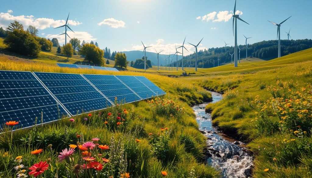 A sun-dappled meadow adorned with vibrant wildflowers, a gently flowing stream cutting through the landscape. In the distance, towering wind turbines stand majestically, their blades gracefully cutting through the air, harnessing the power of the wind. Nearby, a cluster of solar panels glisten in the warm sunlight, converting the abundant rays into clean, renewable energy. The scene exudes a sense of harmony, where nature and technology coexist in perfect balance, showcasing the potential of sustainable power sources to power our world while preserving the beauty of the environment.