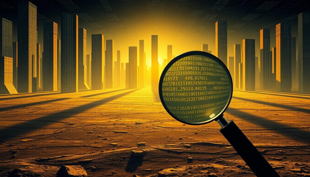 A vast, complex data landscape with towering columns of information, casting long, distorted shadows across a stark, barren plain. In the foreground, a magnifying glass hovers, revealing the intricate patterns and biases hidden within the data. The lighting is harsh and unforgiving, casting a sense of uncertainty and skepticism. The camera angle is slightly tilted, giving the viewer a sense of unease and the realization that the data may not be as straightforward as it appears. The overall atmosphere conveys the challenges and risks inherent in relying on AI-driven medical diagnostics, where hidden biases and generalization issues can have profound and far-reaching consequences.