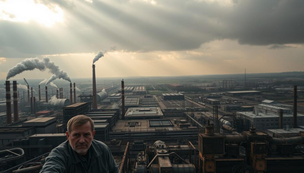 A vast industrial landscape unfolds, with towering factories and chimneys belching billows of smoke against a moody, overcast sky. In the foreground, weathered workers toil amidst the rumble of machinery and the clang of steel, their faces etched with the weight of hard-earned experience. The middle ground reveals a dichotomy - sleek, modern production lines juxtaposed with the gritty, time-worn relics of a bygone era. In the distance, a patchwork of warehouses and distribution hubs hint at the complex supply chains that underpin this vital sector. Rays of muted light filter through the clouds, casting a contemplative, almost melancholic tone over the scene, as if reflecting on the crossroads facing UK manufacturing.