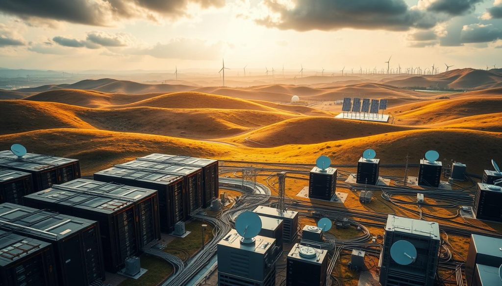 A vast, interconnected network of data centers, cloud platforms, and edge computing nodes nestled amid rolling hills. Gleaming server racks and satellite dishes bathed in warm, diffused lighting from above. Cables and conduits weave through the landscape, connecting crucial hubs with redundant pathways. In the distance, a cluster of wind turbines and solar panels power this resilient, self-sustaining infrastructure. The scene conveys a sense of reliability, security, and adaptability - the pillars of business continuity in a constantly evolving digital world.