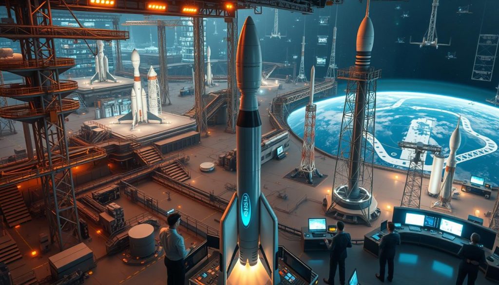 A vast, interconnected network of satellites, rockets, and ground control stations seamlessly orchestrating the UK's space sector. In the foreground, a sleek, futuristic rocket stands ready for launch, its engines primed and gleaming under the warm glow of overhead lighting. Surrounding it, a labyrinth of gantries, launch pads, and technical facilities, all integrated into a cohesive, high-tech ecosystem. In the middle ground, engineers in crisp uniforms monitor data streams and coordinate operations, their faces illuminated by the soft, azure glow of holographic displays. In the distant background, the curvature of the Earth is visible, a testament to the global reach and impact of the UK's space industry. The scene conveys a sense of precision, innovation, and the collective power of the nation's space sector, poised to reach new heights.