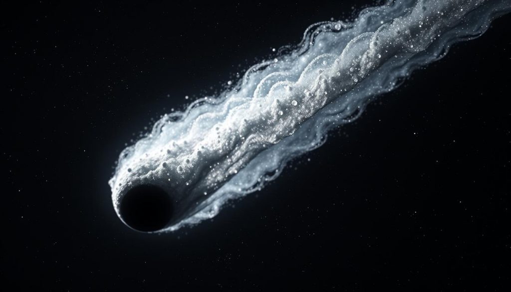 A vast, mysterious interstellar comet hurtling through the cosmos, its icy nucleus enveloped in a shimmering, ethereal coma. The comet's long, sweeping tail trails behind it, illuminated by the soft glow of distant stars. In the foreground, the comet's nucleus appears sharp and detailed, while the surrounding coma and tail blur into a swirling, otherworldly haze. The background is a deep, velvety black, punctuated by the twinkling of distant galaxies and nebulae, hinting at the grand scale and isolation of this celestial wanderer. The image conveys a sense of awe and wonder, capturing the comet's enigmatic nature and the ongoing scientific debate surrounding its origins and composition.