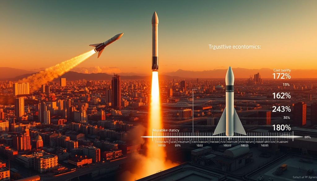 A vibrant cityscape bathed in warm, golden light, with sleek, reusable rockets taking flight in the background, casting long shadows across the bustling cityscape below. In the foreground, a meticulously detailed diagram depicting the intricate economics of reusability, showing the cost savings and efficiency gains achieved through repeated use of these advanced aerospace systems. The midground features a bustling hive of activity, with engineers and technicians tending to the rockets, performing maintenance and preparations for their next launch. The atmosphere conveys a sense of innovation, progress, and the tangible benefits of technological advancements in the realm of space exploration.