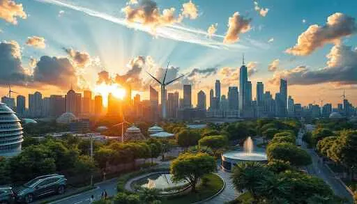 A vibrant sunset casts warm hues over a city skyline, silhouetting buildings against the colorful sky.