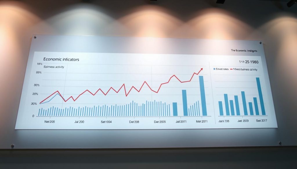 A well-lit chart displaying key economic indicators - interest rates, inflation, and business activity - against a minimalist, data-driven backdrop. The chart should have a clean, modern design with clear, legible labeling and visualization elements. The overall atmosphere should convey a sense of analytical rigor and objective data-driven insights, reflecting the seriousness of the economic situation. The lighting should be bright and evenly distributed, with a subtle depth of field to draw the viewer's attention to the core information. The camera angle should be slightly elevated to provide an overview of the data, enhancing the impression of a comprehensive, holistic perspective.