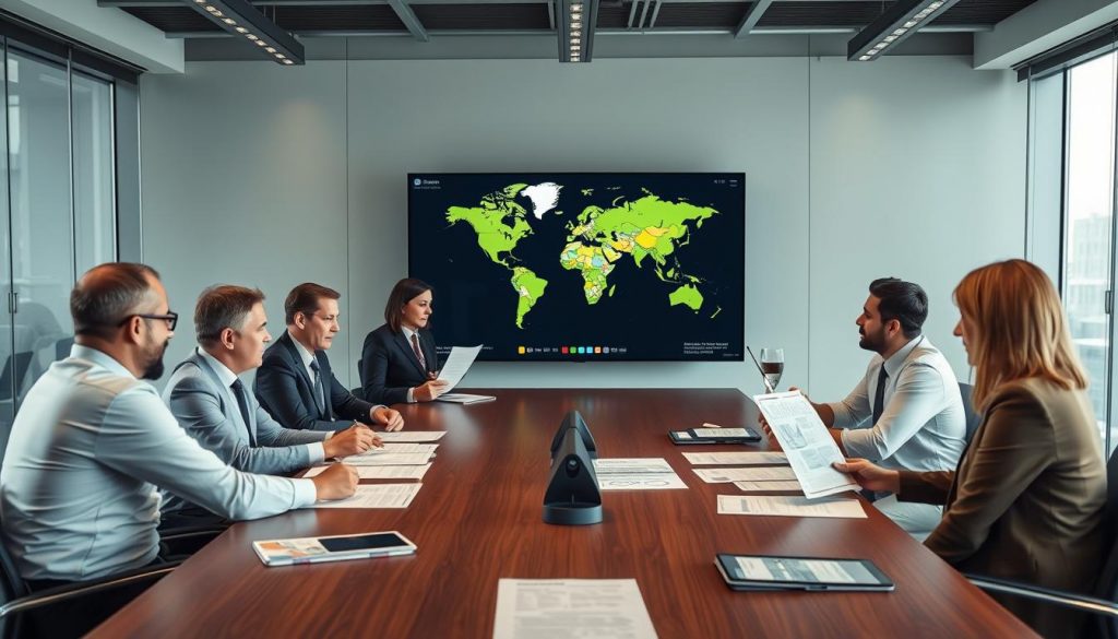 Business executives planning trade strategy adaptations