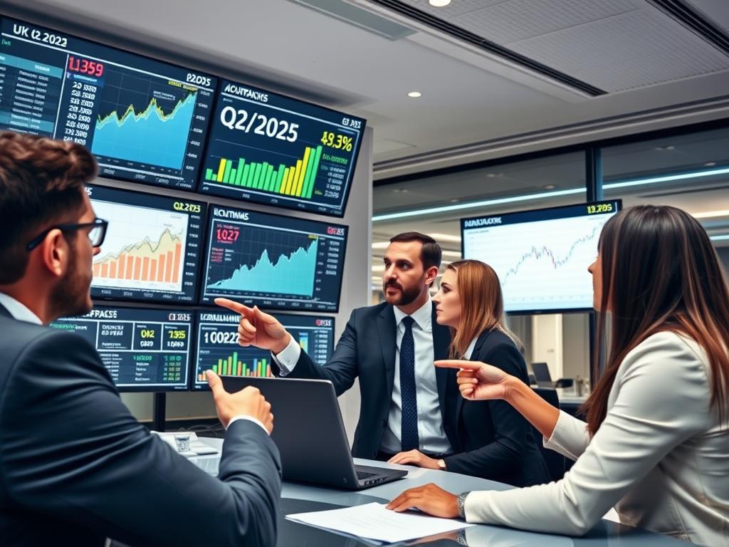 Business professionals analyzing UK Q2 2025 GDP growth data in a modern office setting