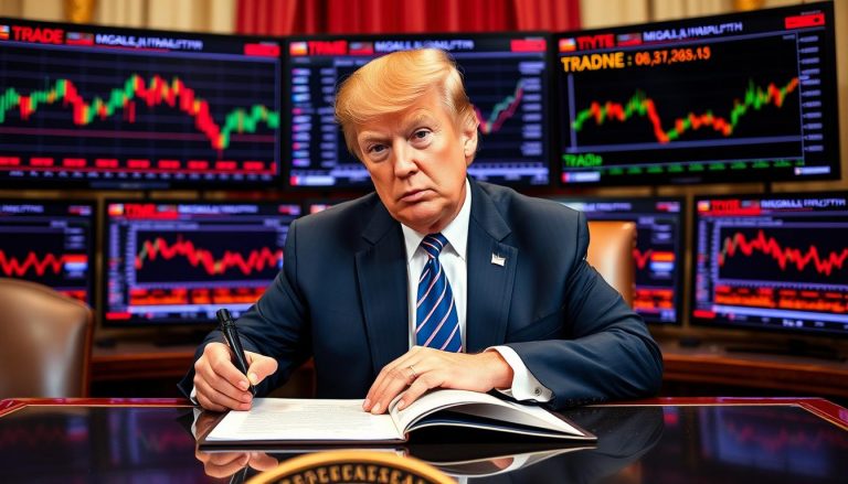 Donald Trump signing trade executive order with Global Trade Under Trump impact visible on monitors